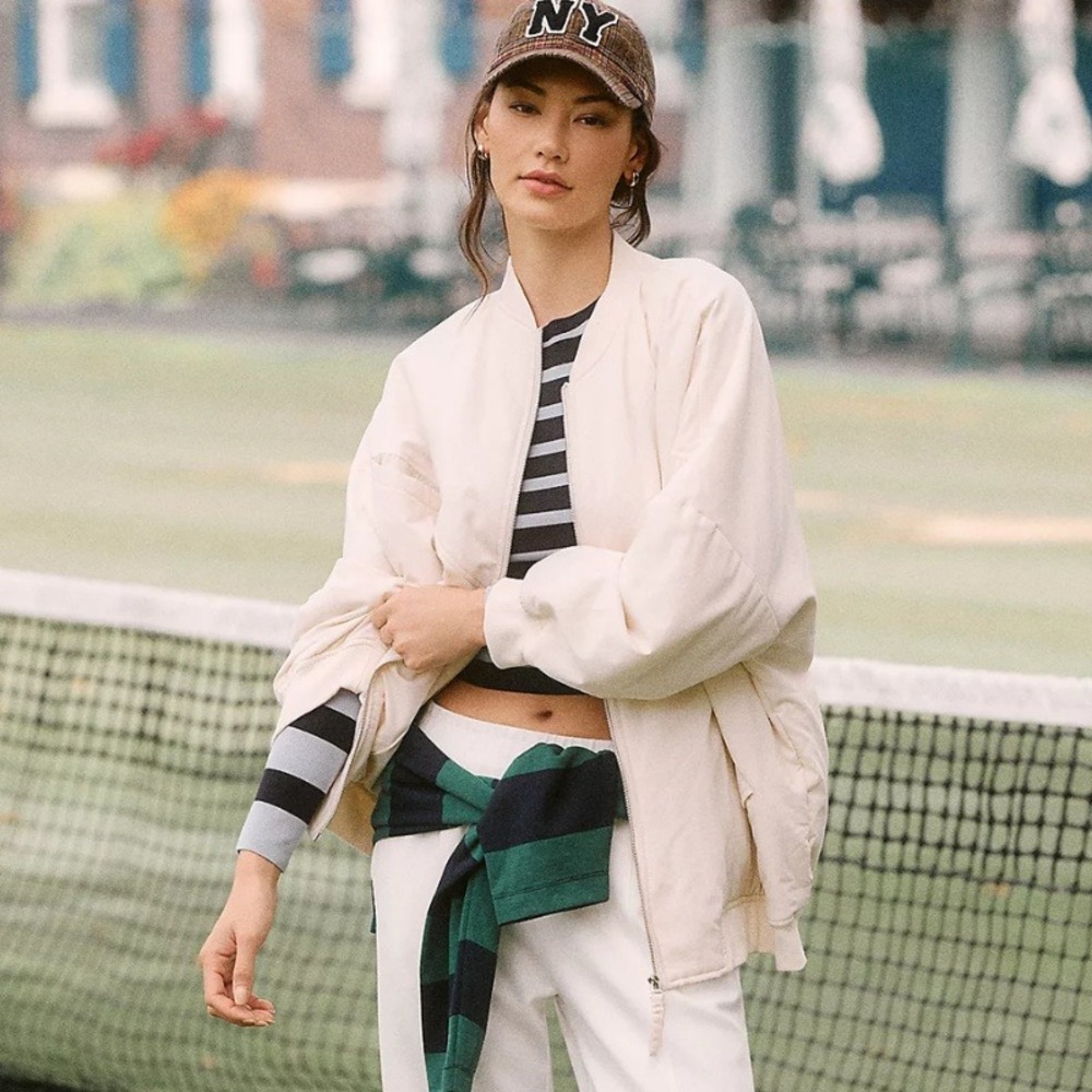 By Anthropologie‎ Oversized Bomber Jacket NWT Cream Full Zip Padded Coat Large